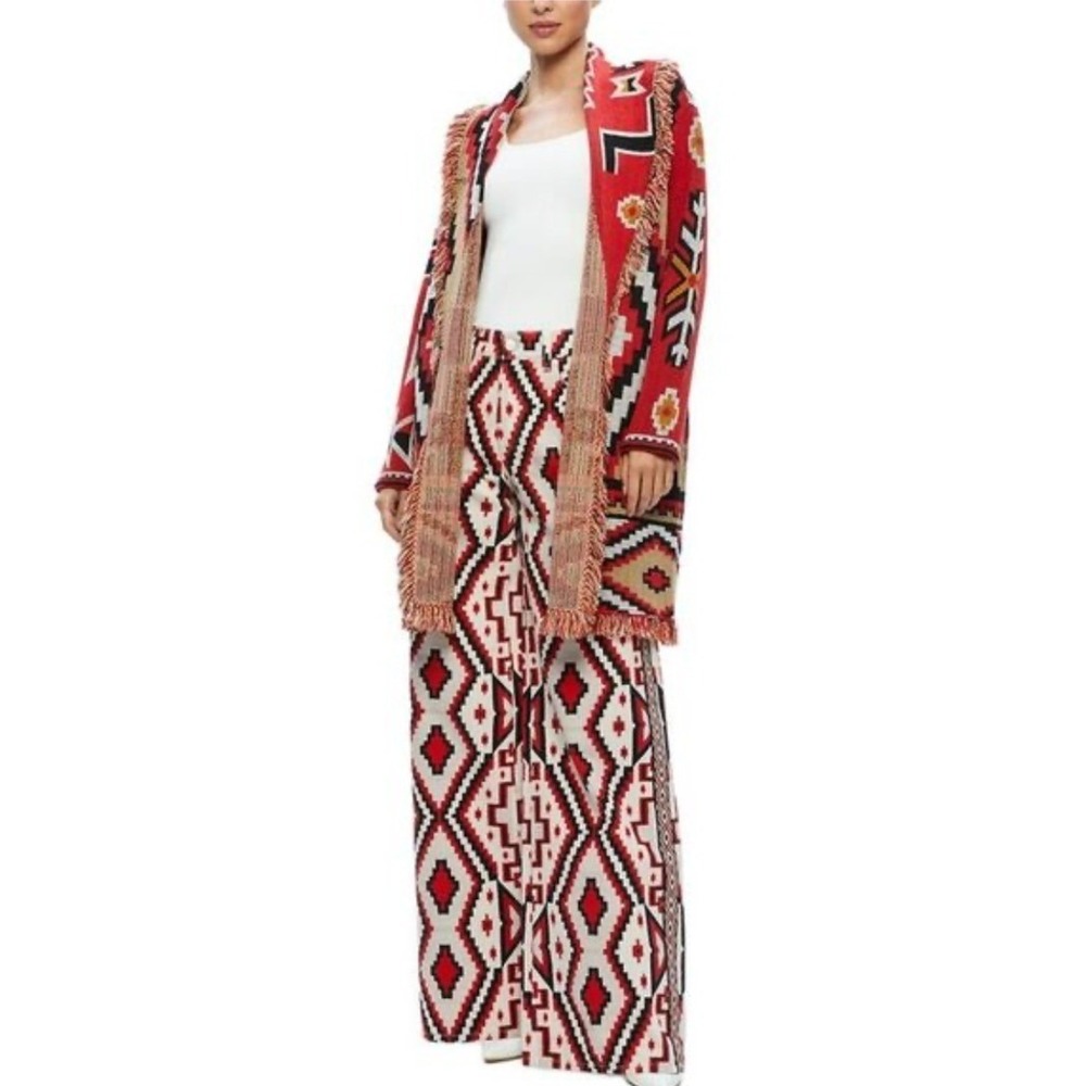 Alice Olivia Astrid Navajo Geometric Fringe Long Cardigan Sweater Pants Set M/L